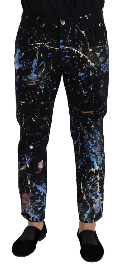 Prachtige denim broek met kleurrijke spattenprint