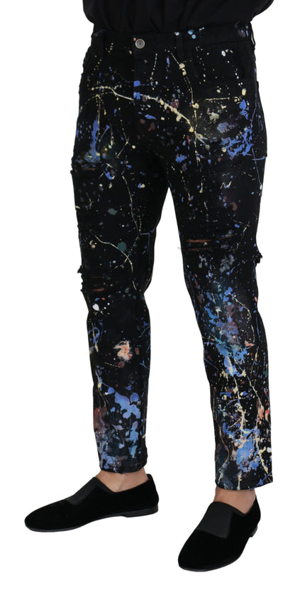 Prachtige denim broek met kleurrijke spattenprint