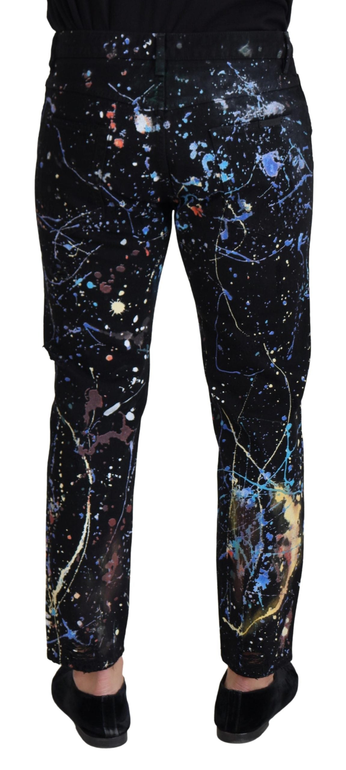 Prachtige denim broek met kleurrijke spattenprint