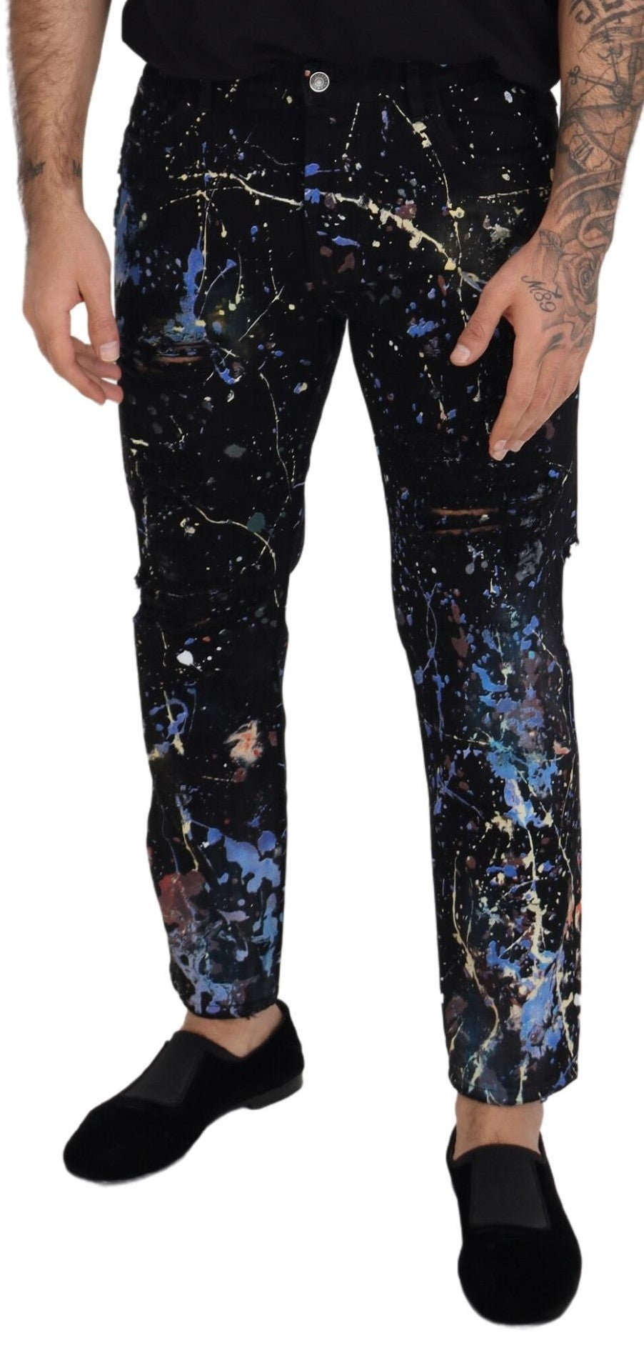 Prachtige denim broek met kleurrijke spattenprint