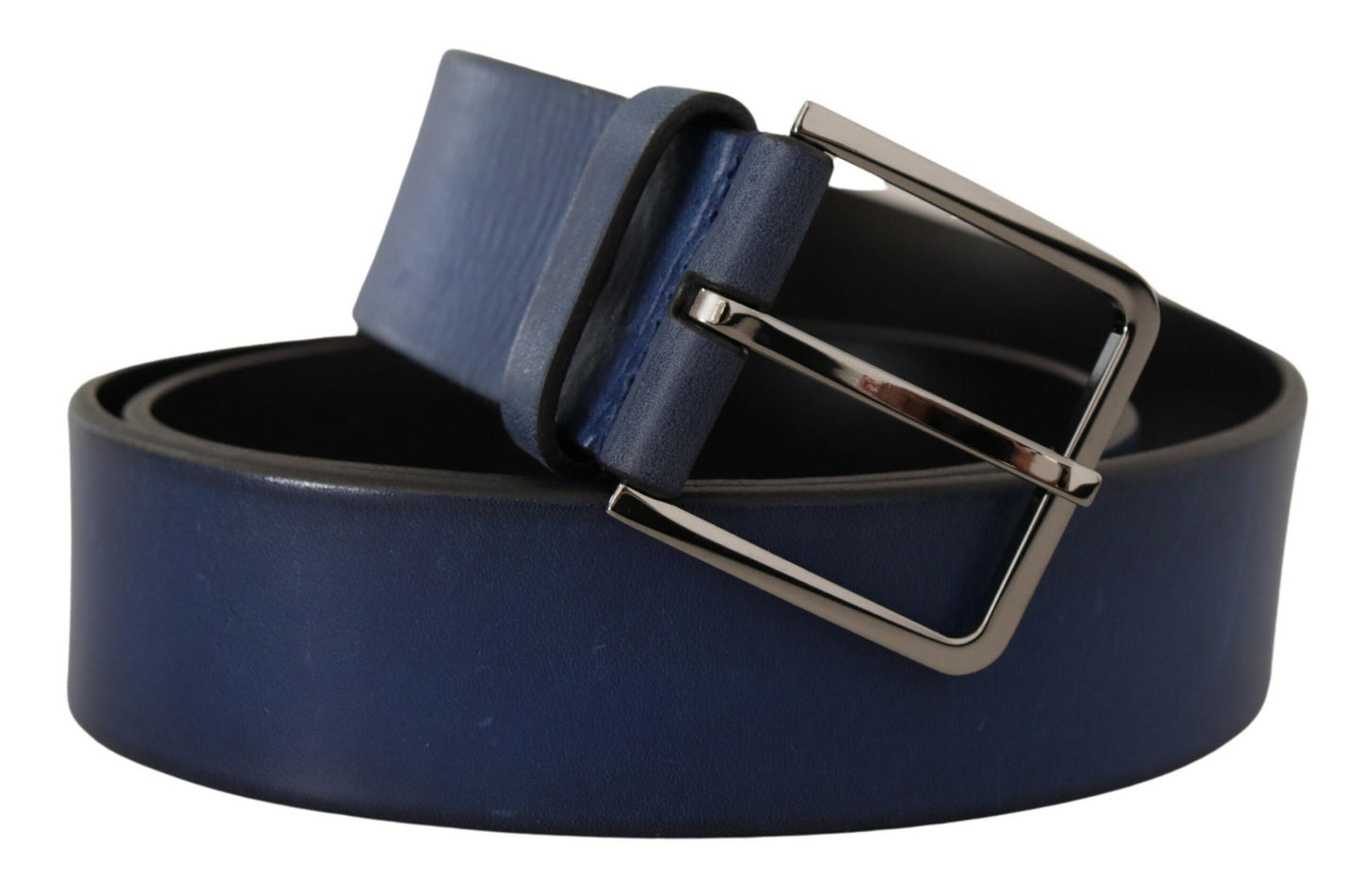 Elegante blauwe leren riem met zilveren gesp