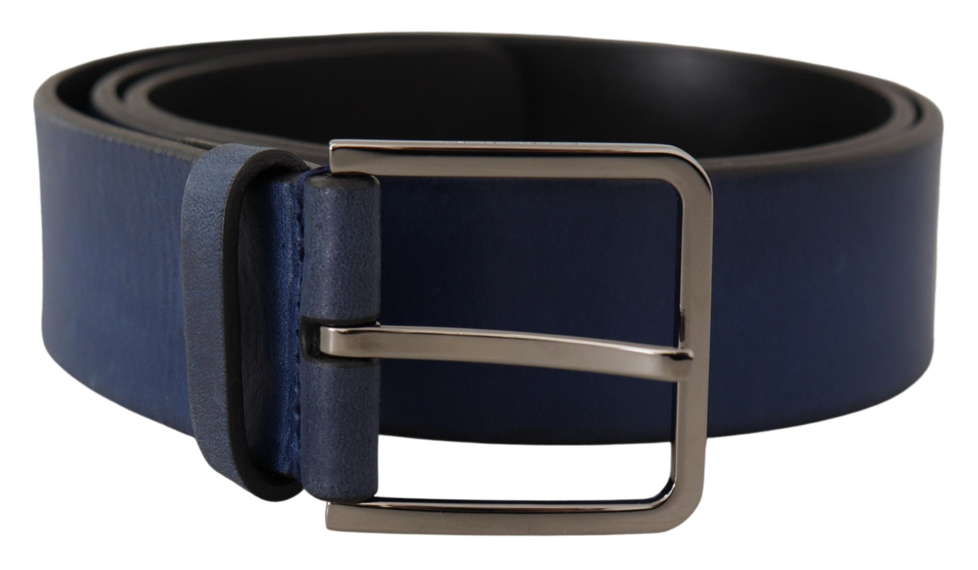 Elegante blauwe leren riem met zilveren gesp