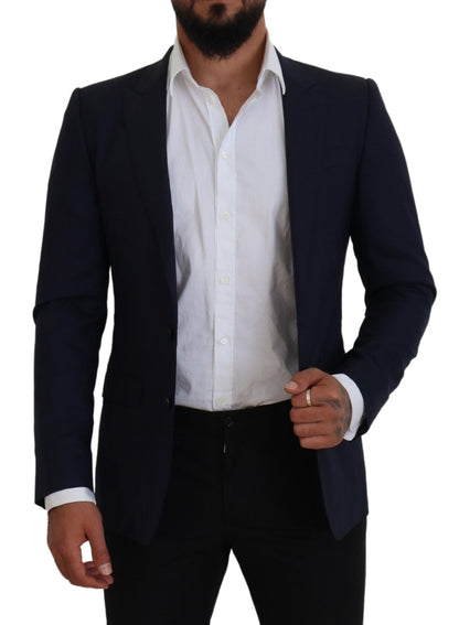 Elegant Blue Wool Silk Blazer Jacket