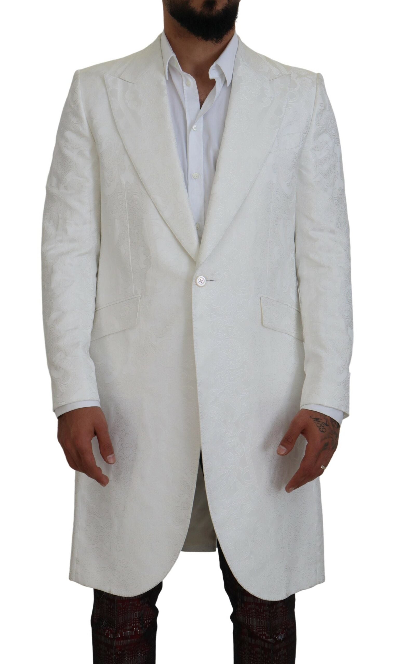 Elegante witte bloemenbrokaat trenchcoat