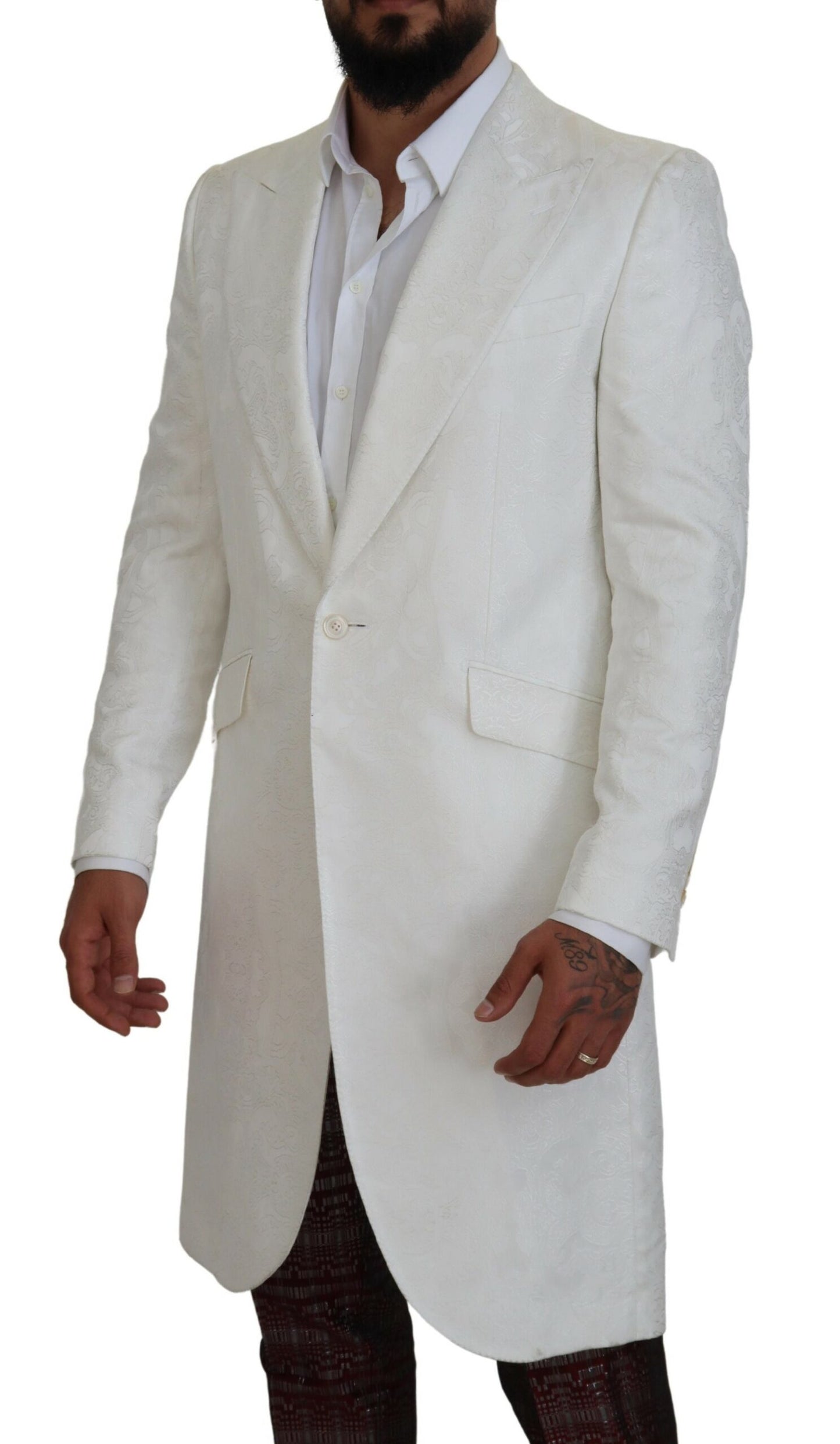 Elegante witte bloemenbrokaat trenchcoat