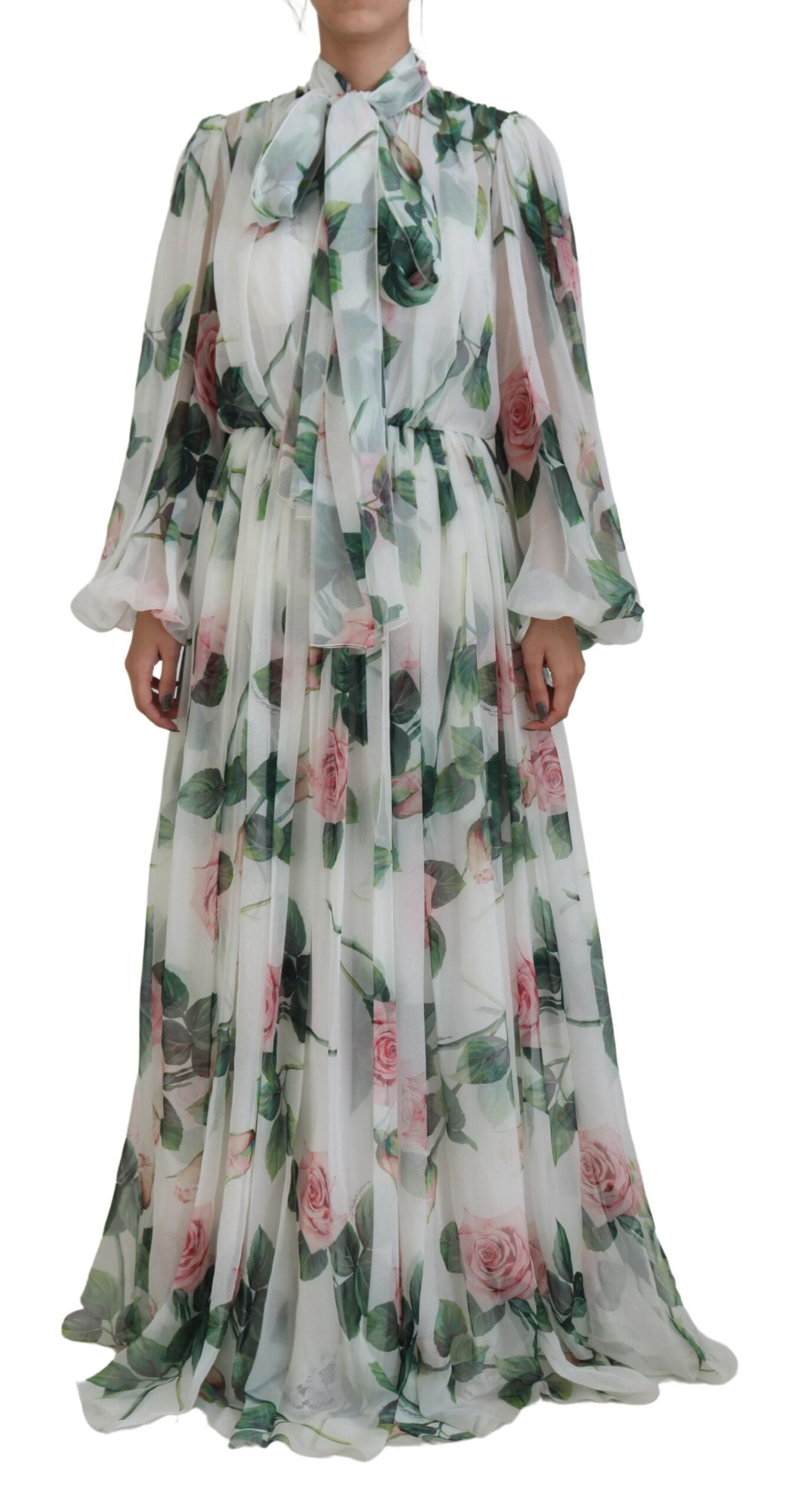 Elegant White Silk Maxi Dress with Rose Print