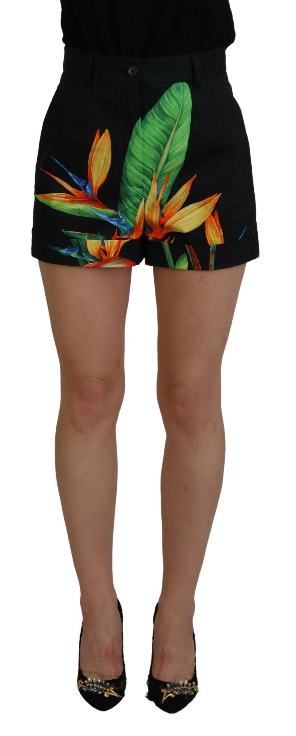 High Waist Hot Pants Shorts in Zwarte Bladerenprint