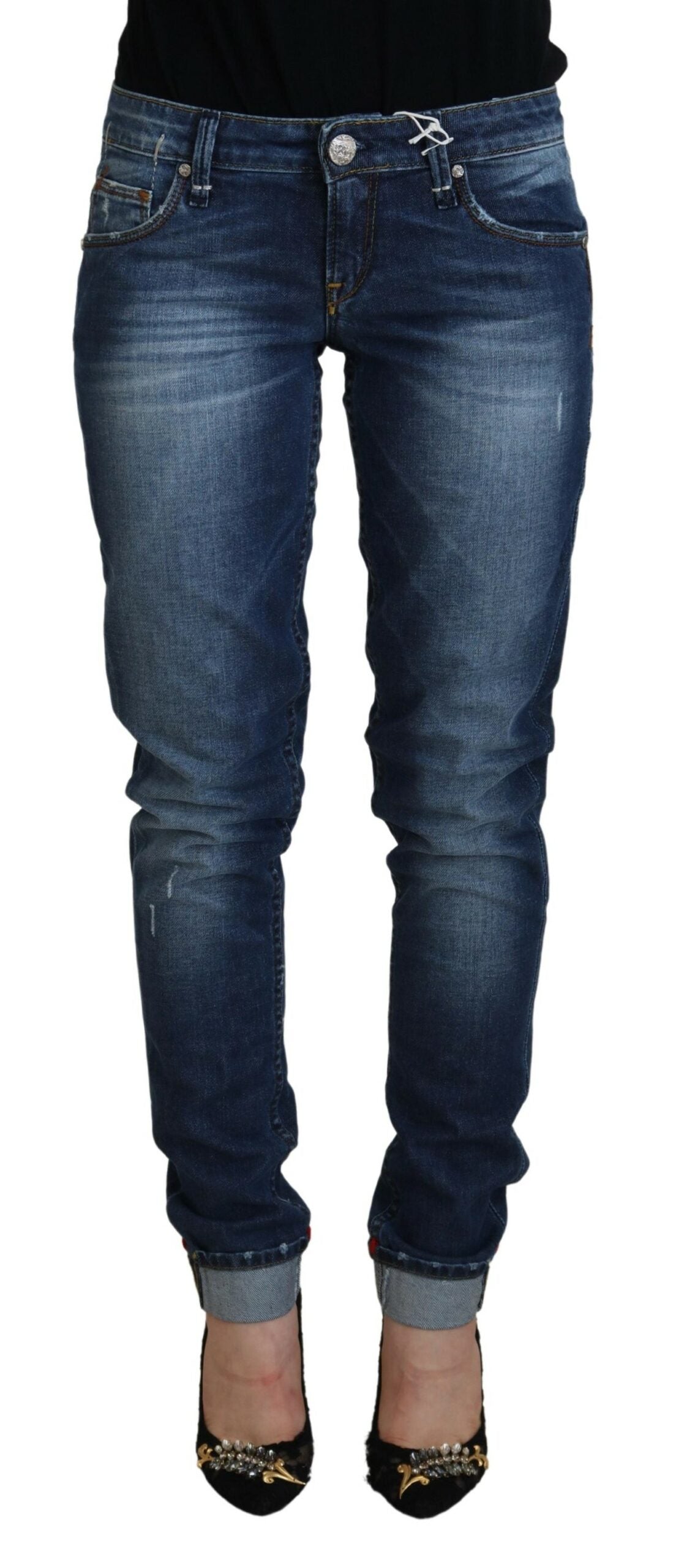 Elegante blauwe gewassen skinny jeans met lage taille