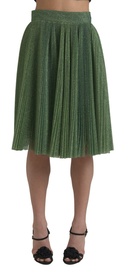 Enchanting Metallic Green Pleated A-Line Skirt