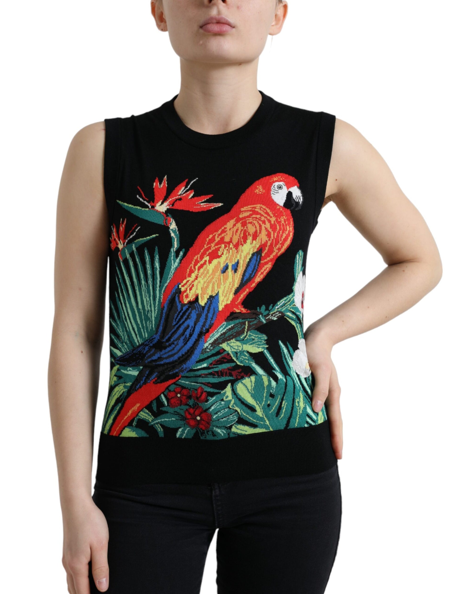 Elegant Crew Neck Wool Silk Tank with Bird Embroidery