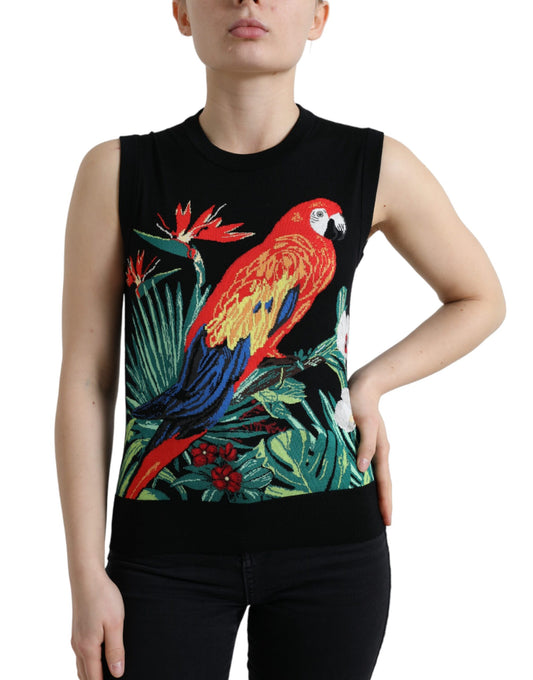 Elegante ronde hals wollen zijden tanktop met vogelborduursel