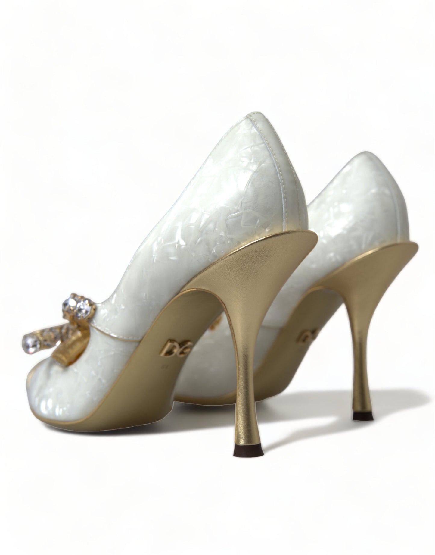 Elegant White Patent Crystal Bow Heels