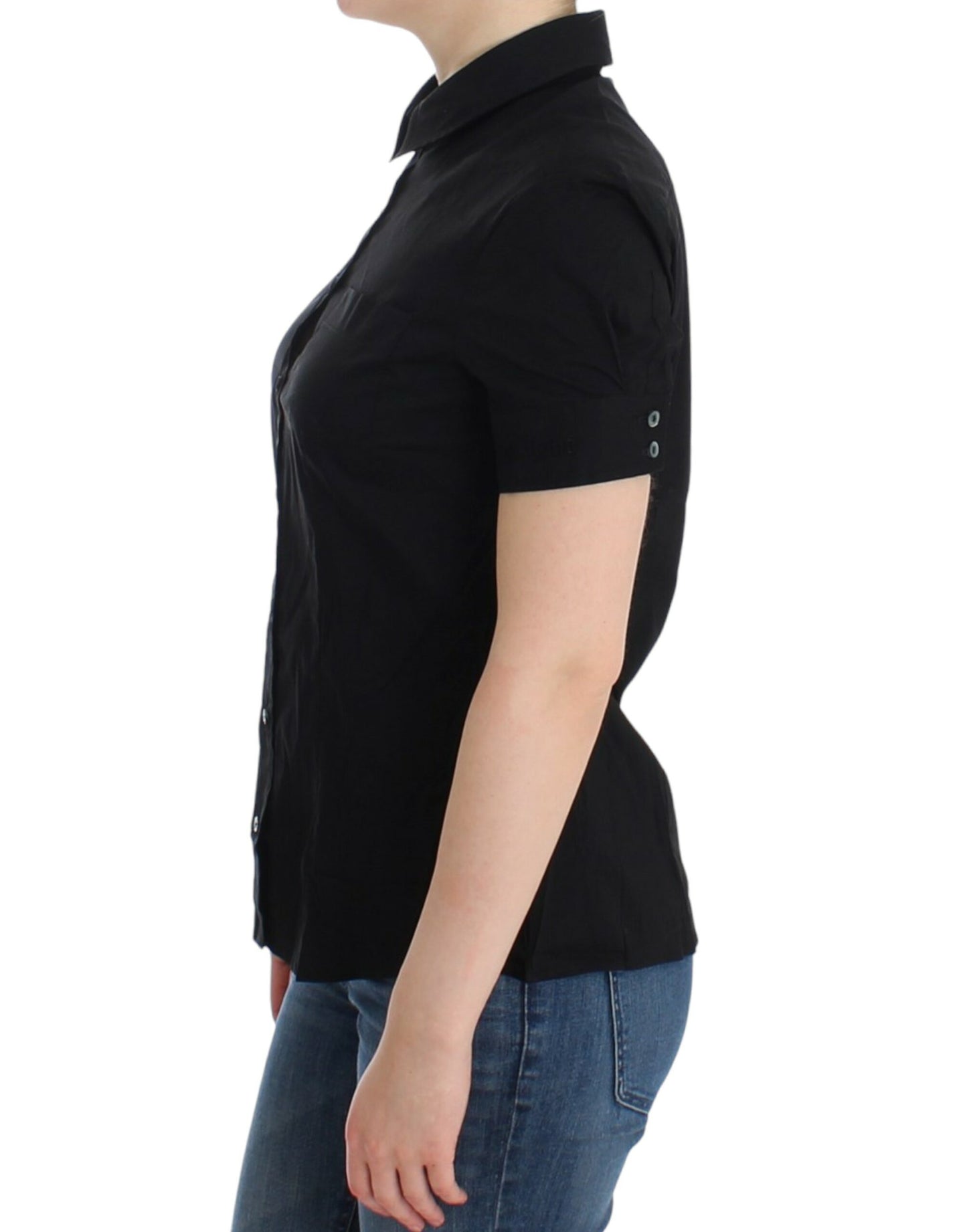 Elegante zwarte katoenen stretch blouse met korte mouwen