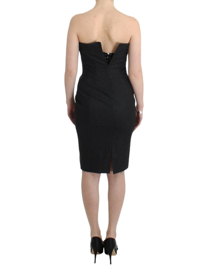 Elegante grijze strapless jurk met gouden accenten