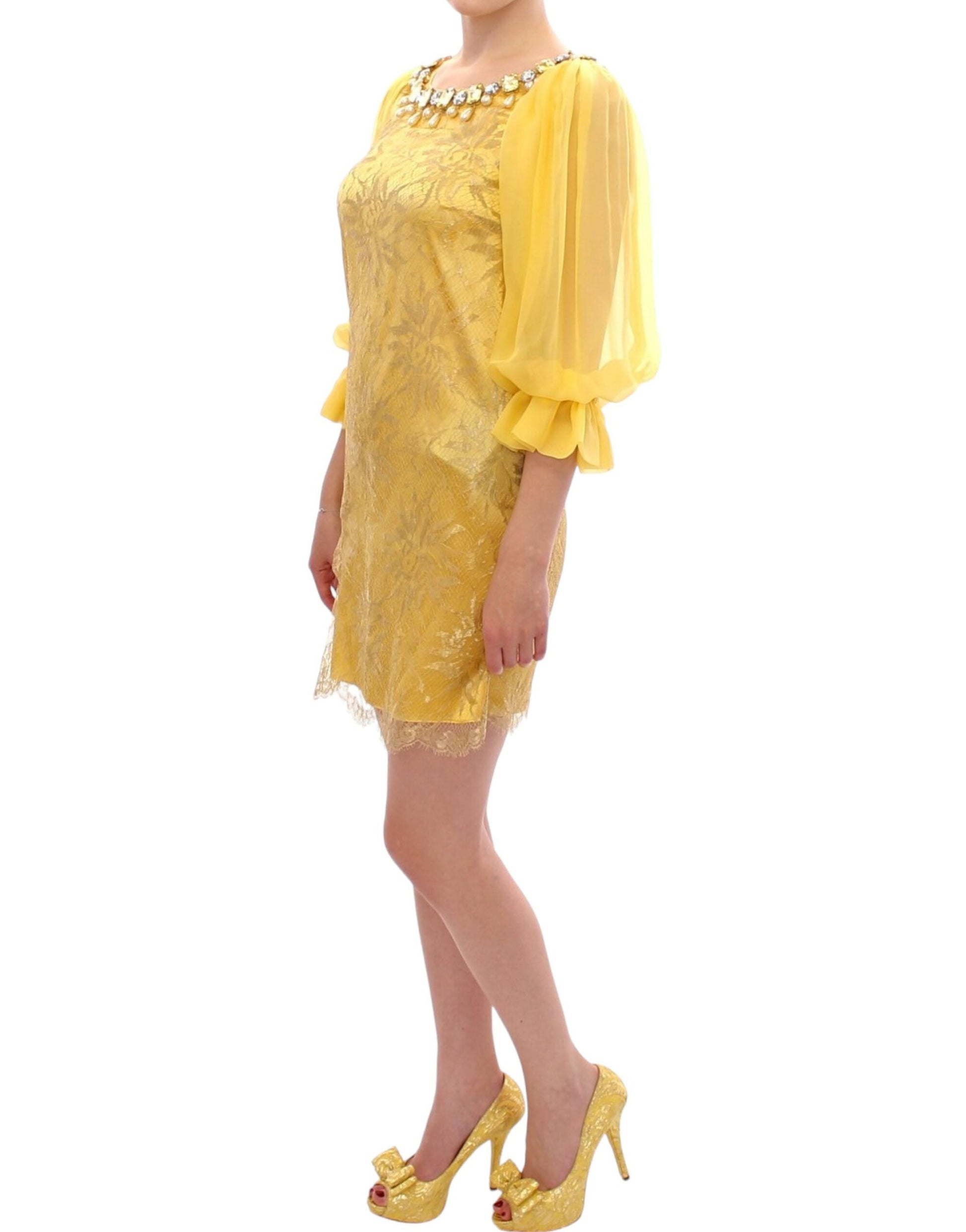 Yellow Lace Crystal Embellished Mini Dress