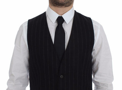 Elegant Black Striped Single Breasted Dress Vest