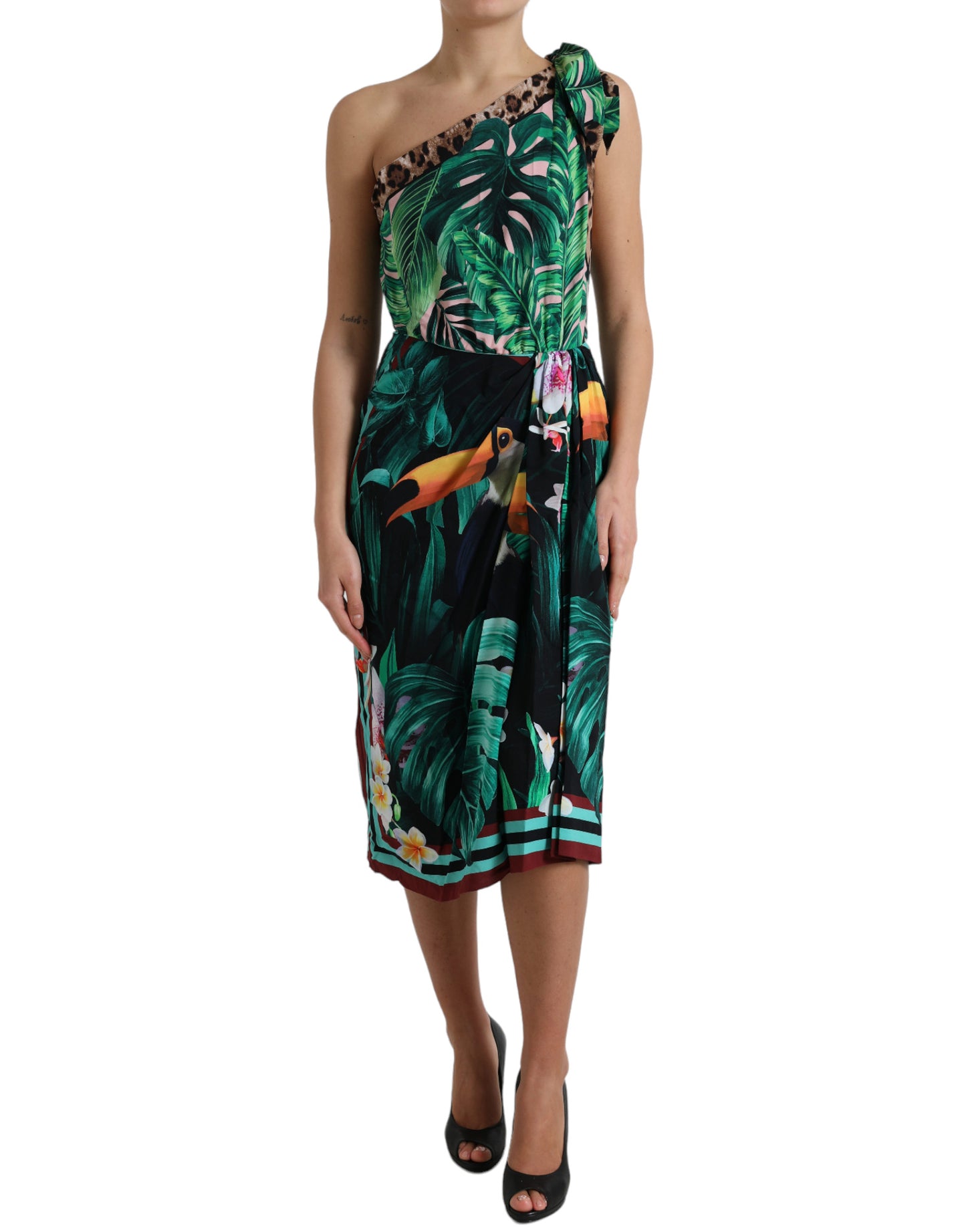 Tropische jungle print one-shoulder jurk