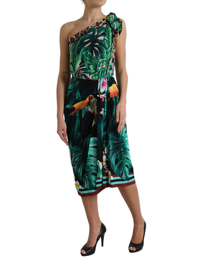 Tropische jungle print one-shoulder jurk