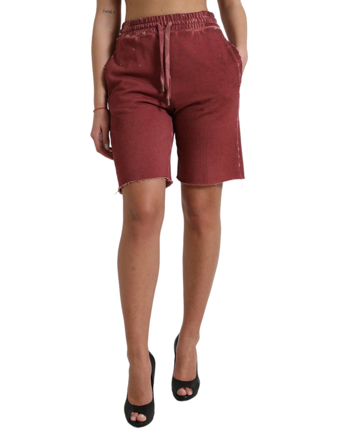 Chique bordeauxrode designer sweatshorts met hoge taille