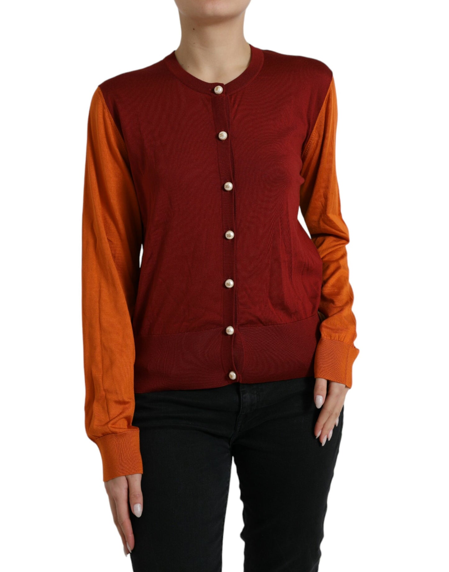 Silk Button Front Cardigan in Maroon Mix