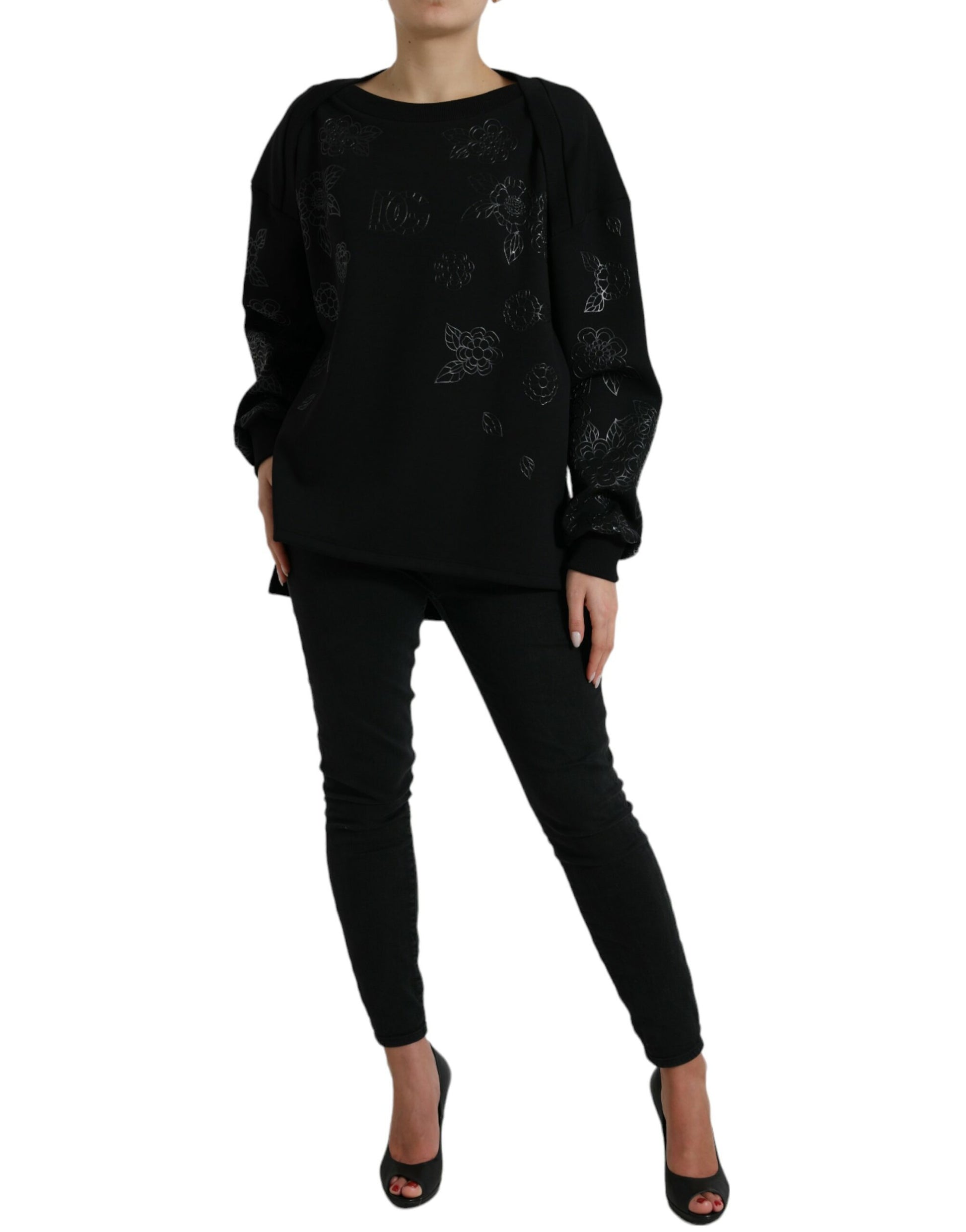 Elegant Black Floral Applique Sweater