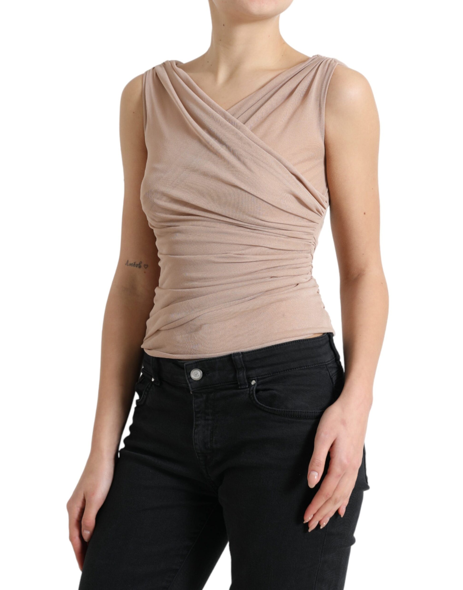 Elegante beige V-hals mouwloze doorschijnende tanktop