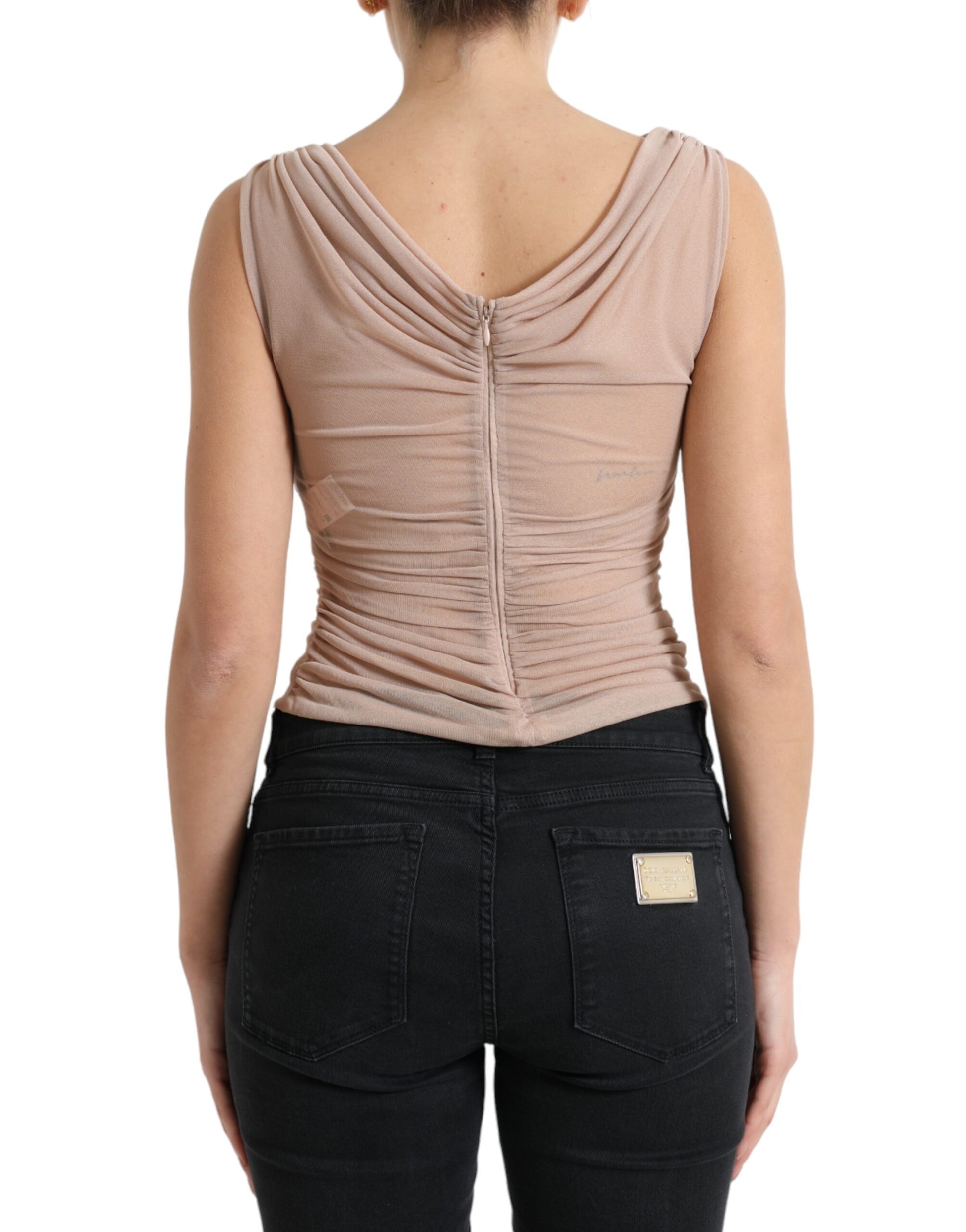 Elegante beige V-hals mouwloze doorschijnende tanktop