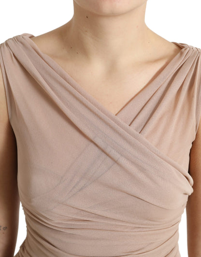 Elegante beige V-hals mouwloze doorschijnende tanktop