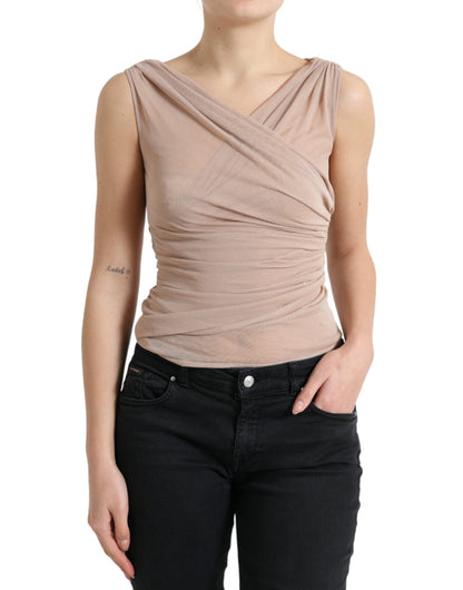 Elegante beige V-hals mouwloze doorschijnende tanktop