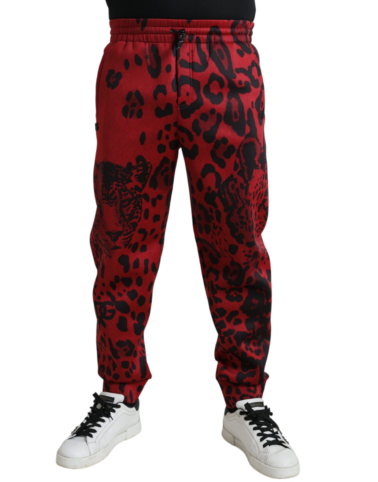 Elegante luipaardprintjoggingbroek in rood en zwart