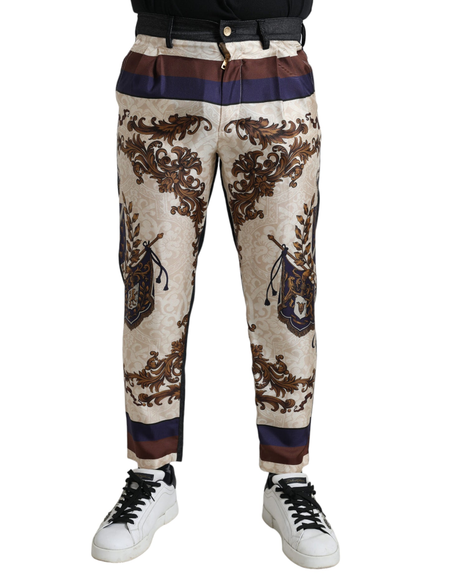 Elegante zijden skinny broek met heraldische print