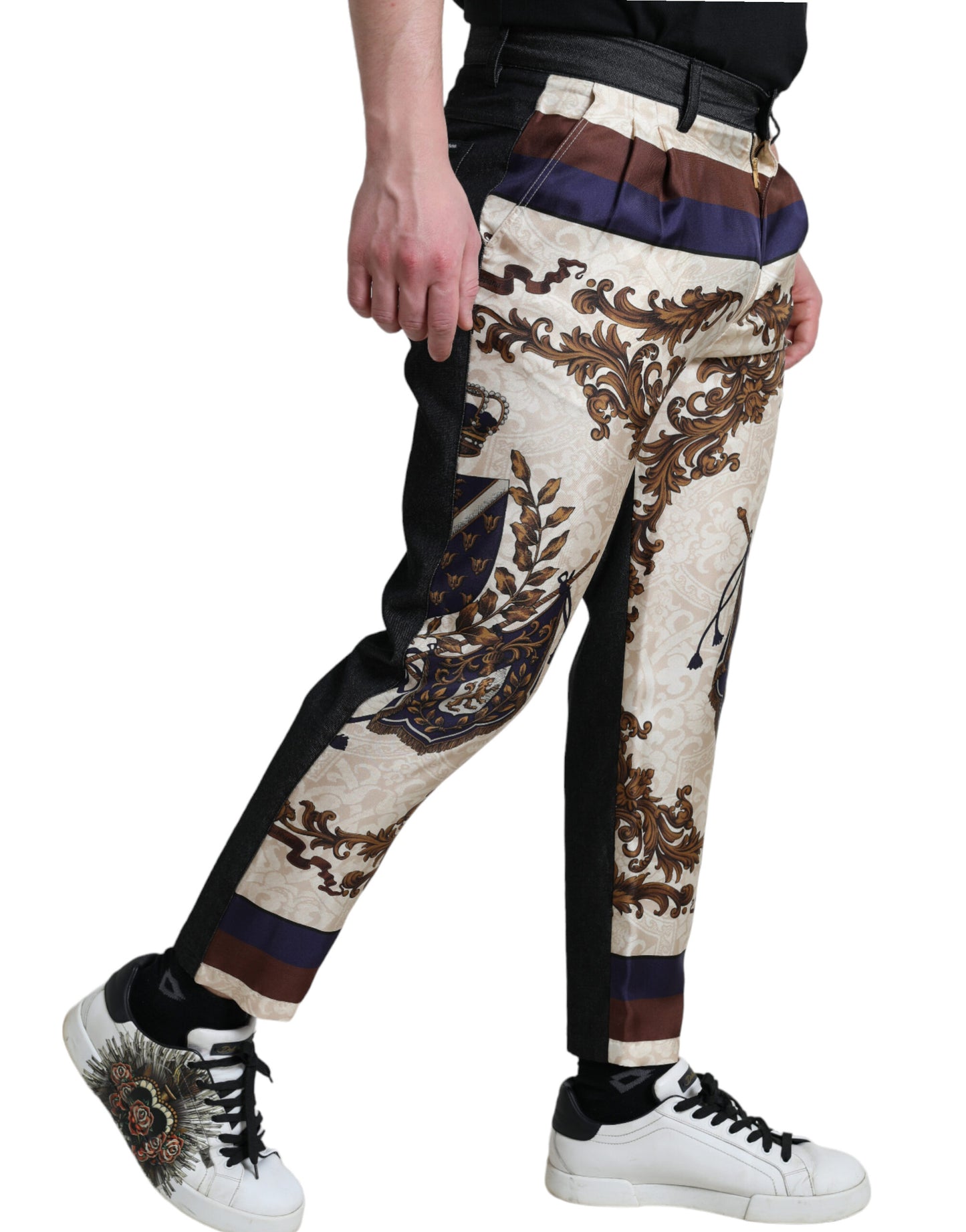 Elegante zijden skinny broek met heraldische print