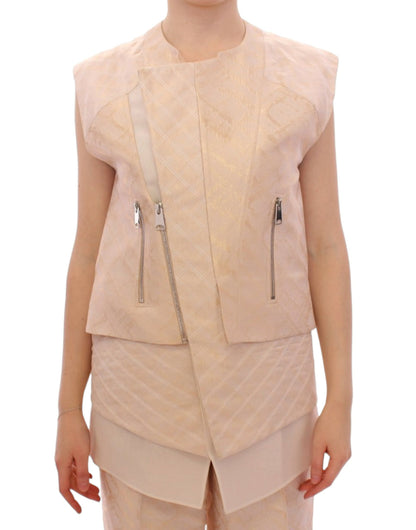 Prachtige beige brokaat mouwloze jas vest