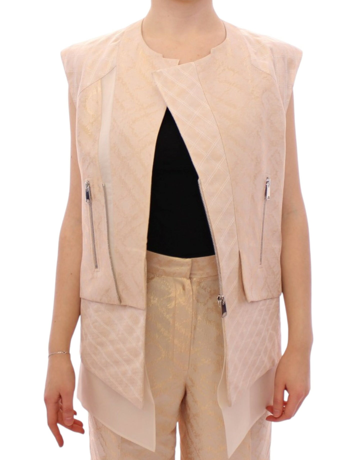 Prachtige beige brokaat mouwloze jas vest