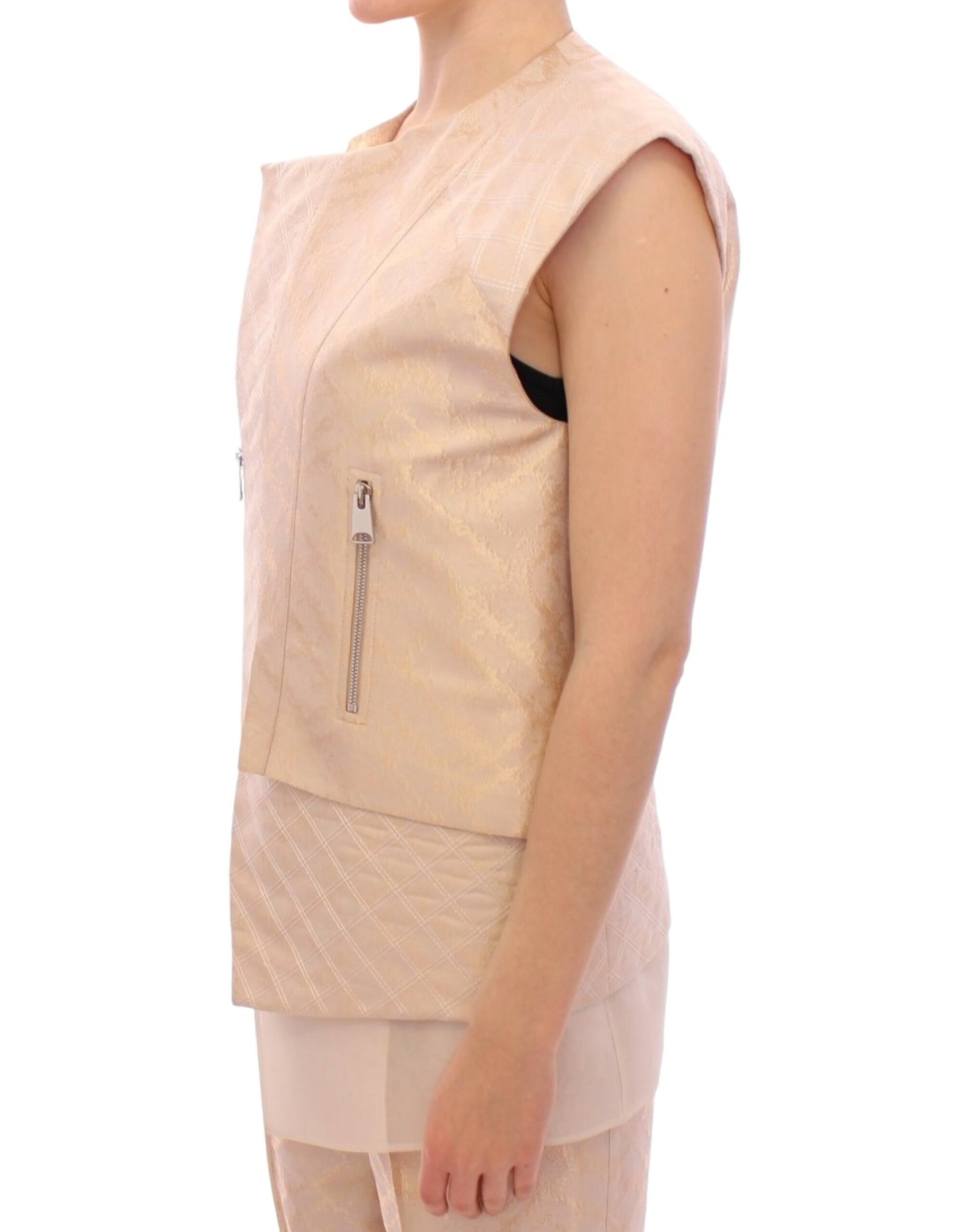 Prachtige beige brokaat mouwloze jas vest