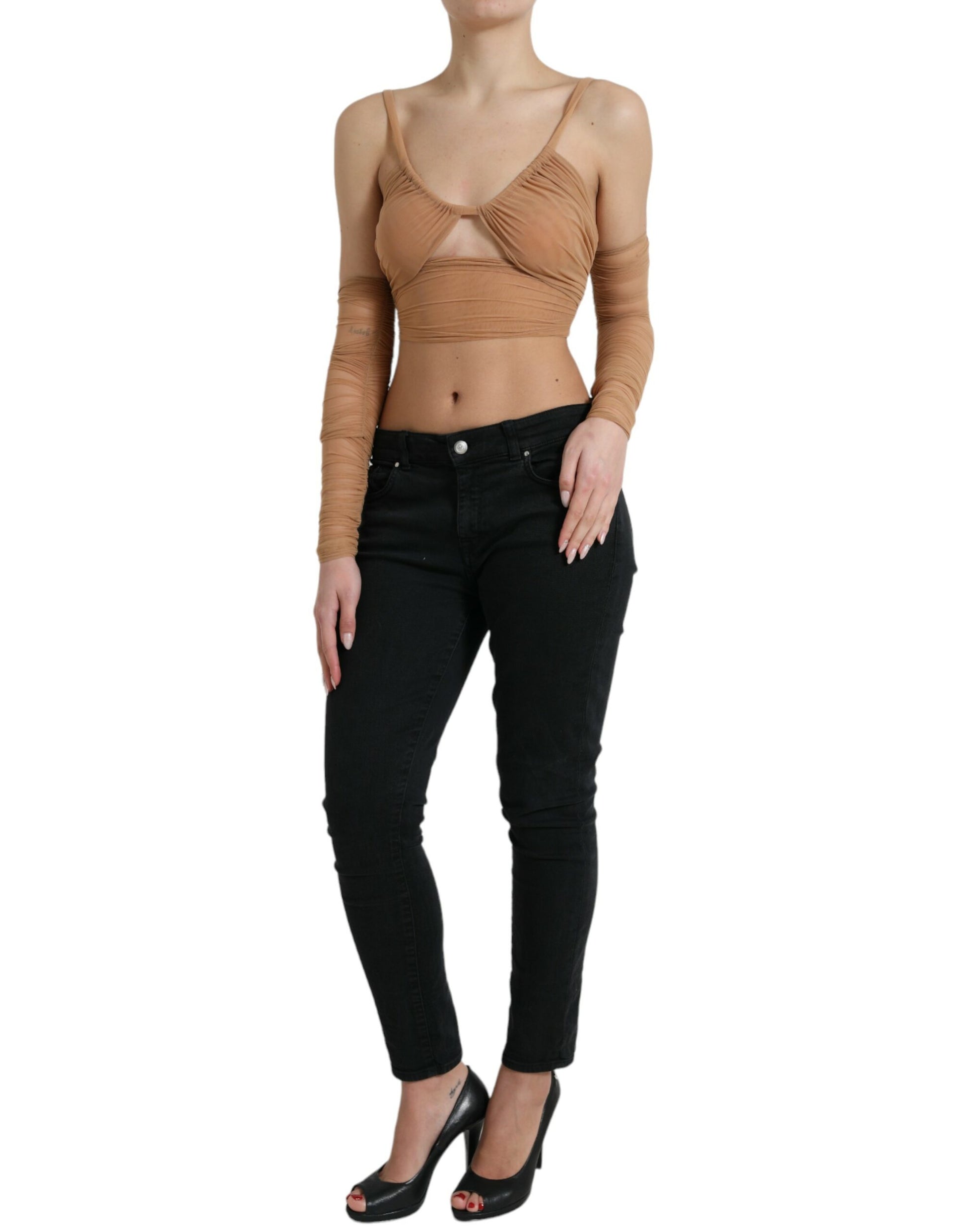 Elegante bruine cropped top met lange mouwen