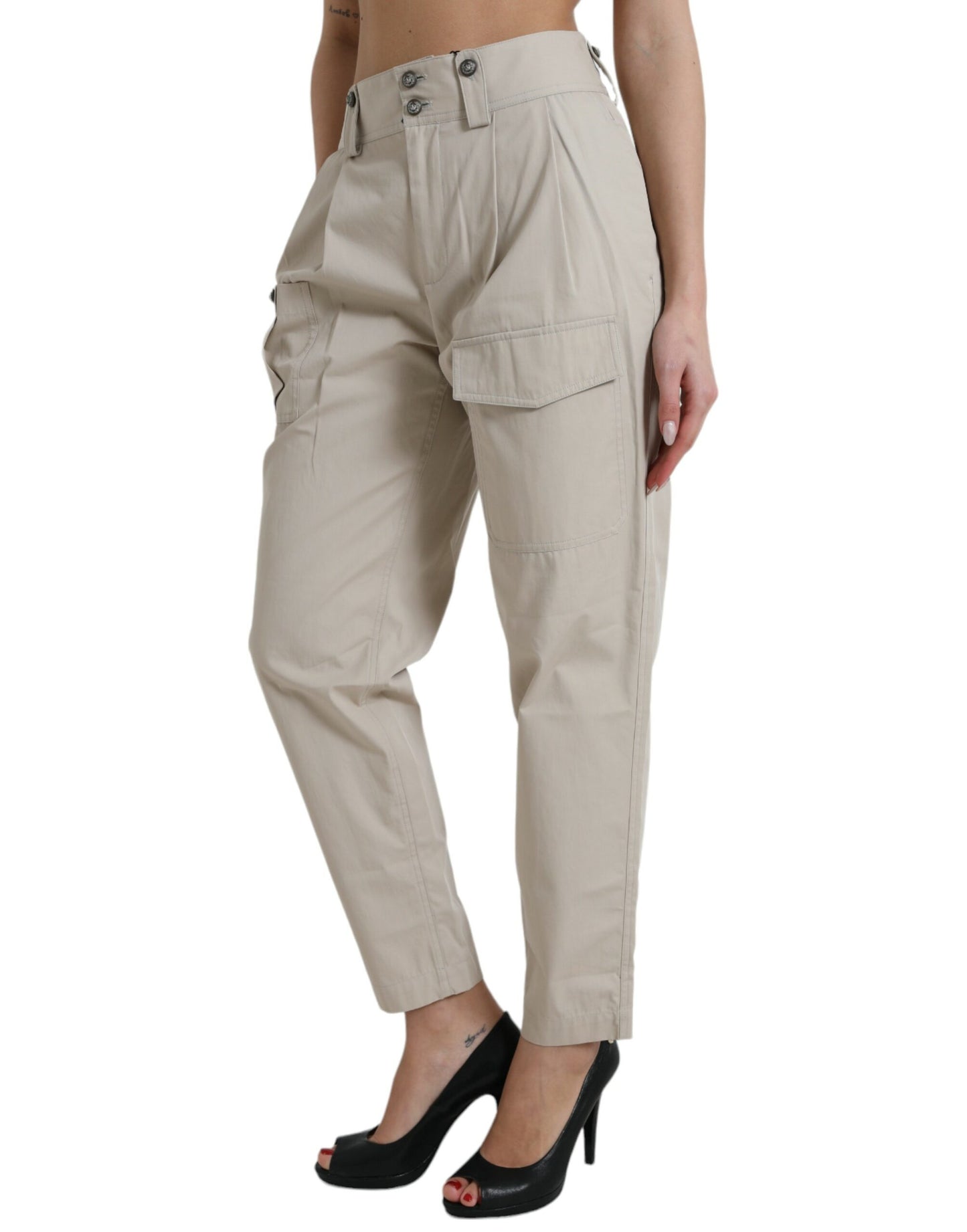 High-waisted taps toelopende modebroek - Beige