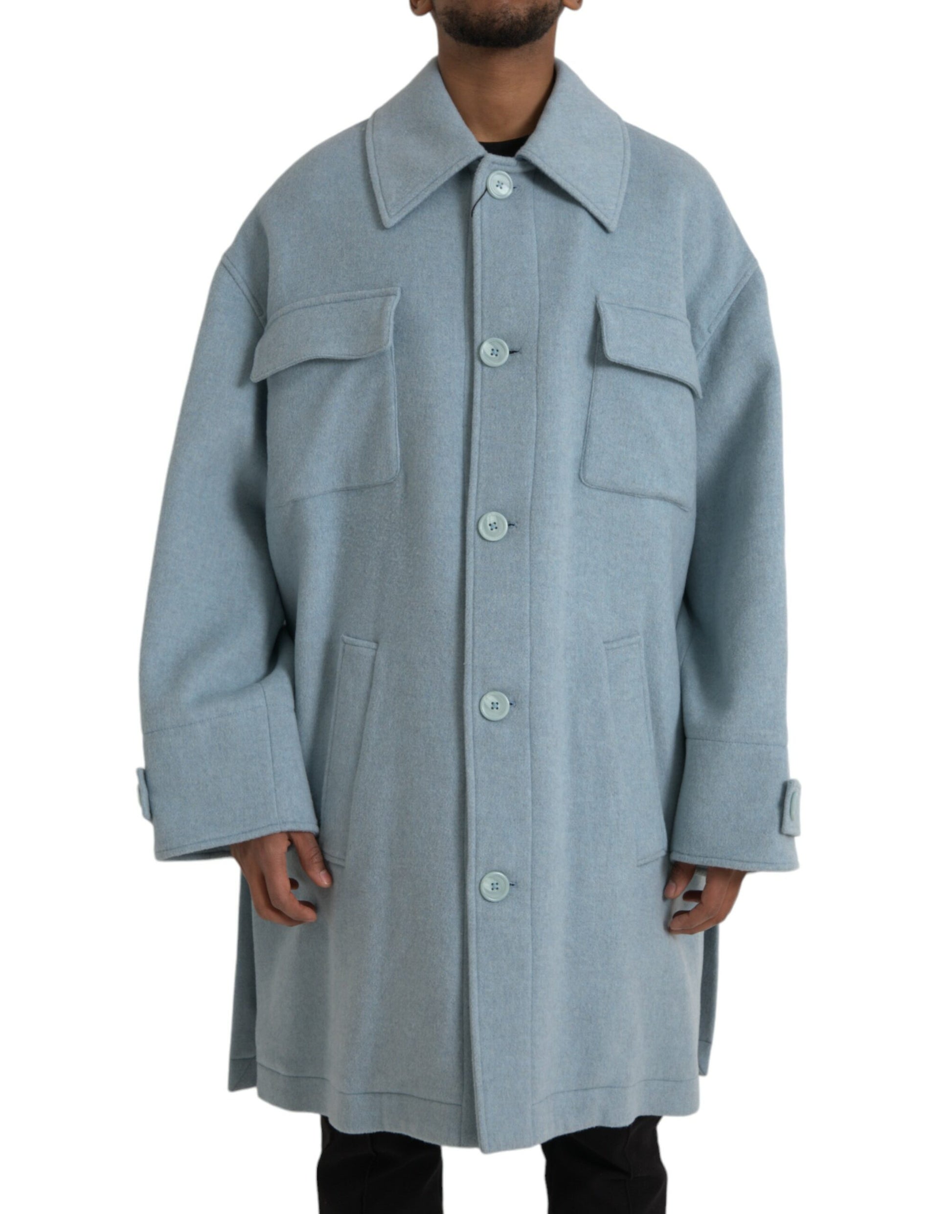 Lichtblauwe wollen trenchcoat met knopen