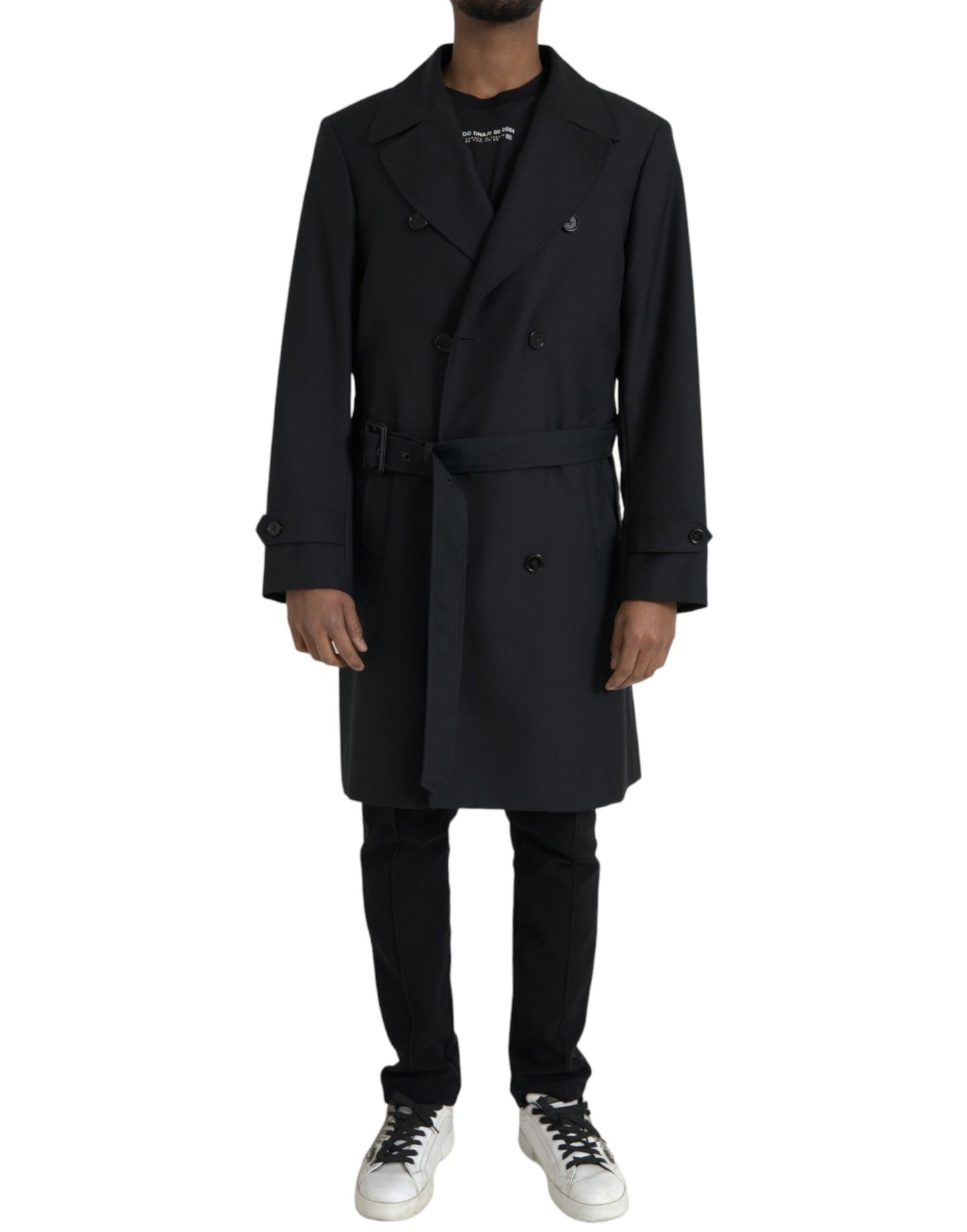 Zwarte trenchcoat met dubbele rij knopen