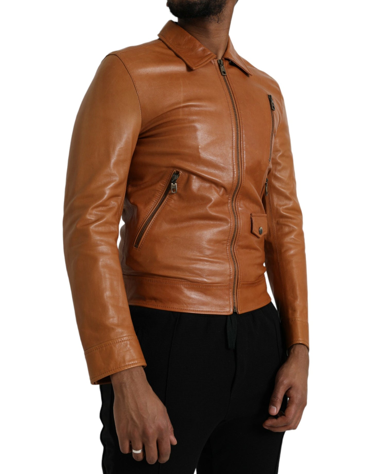 Bruin lamsleren blousonjack met volledige rits