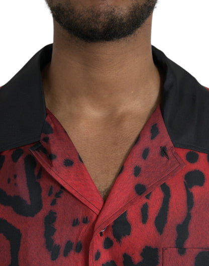 Red Leopard Silk Button Down Casual Shirt