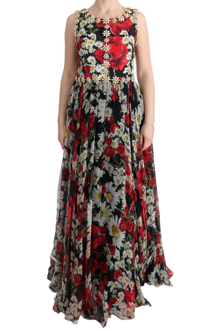 Maxi-jurk met bloemenprint, zonnebloemprint en kristallen