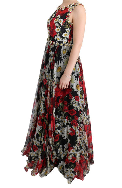 Maxi-jurk met bloemenprint, zonnebloemprint en kristallen