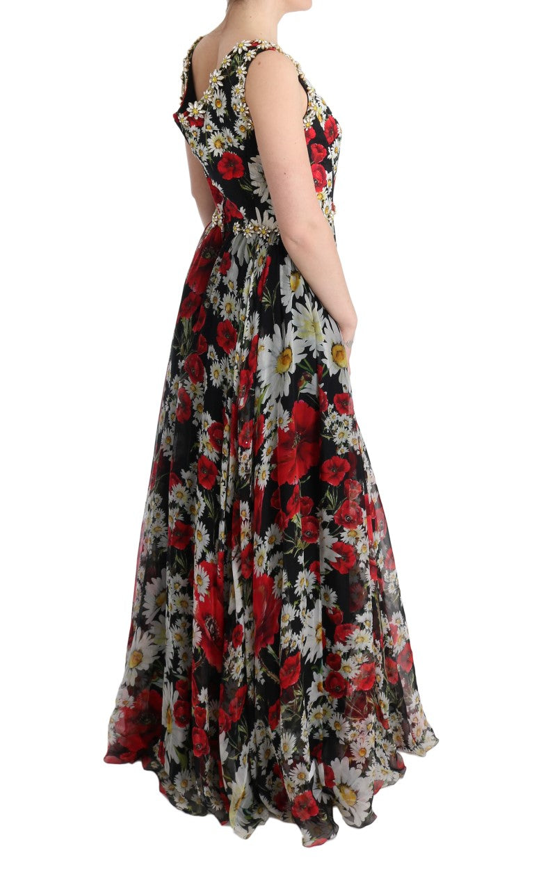 Maxi-jurk met bloemenprint, zonnebloemprint en kristallen