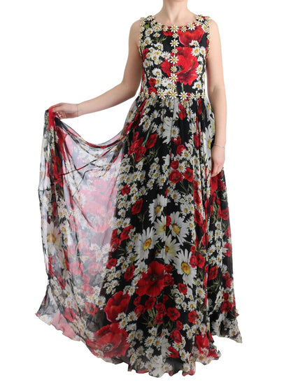 Maxi-jurk met bloemenprint, zonnebloemprint en kristallen