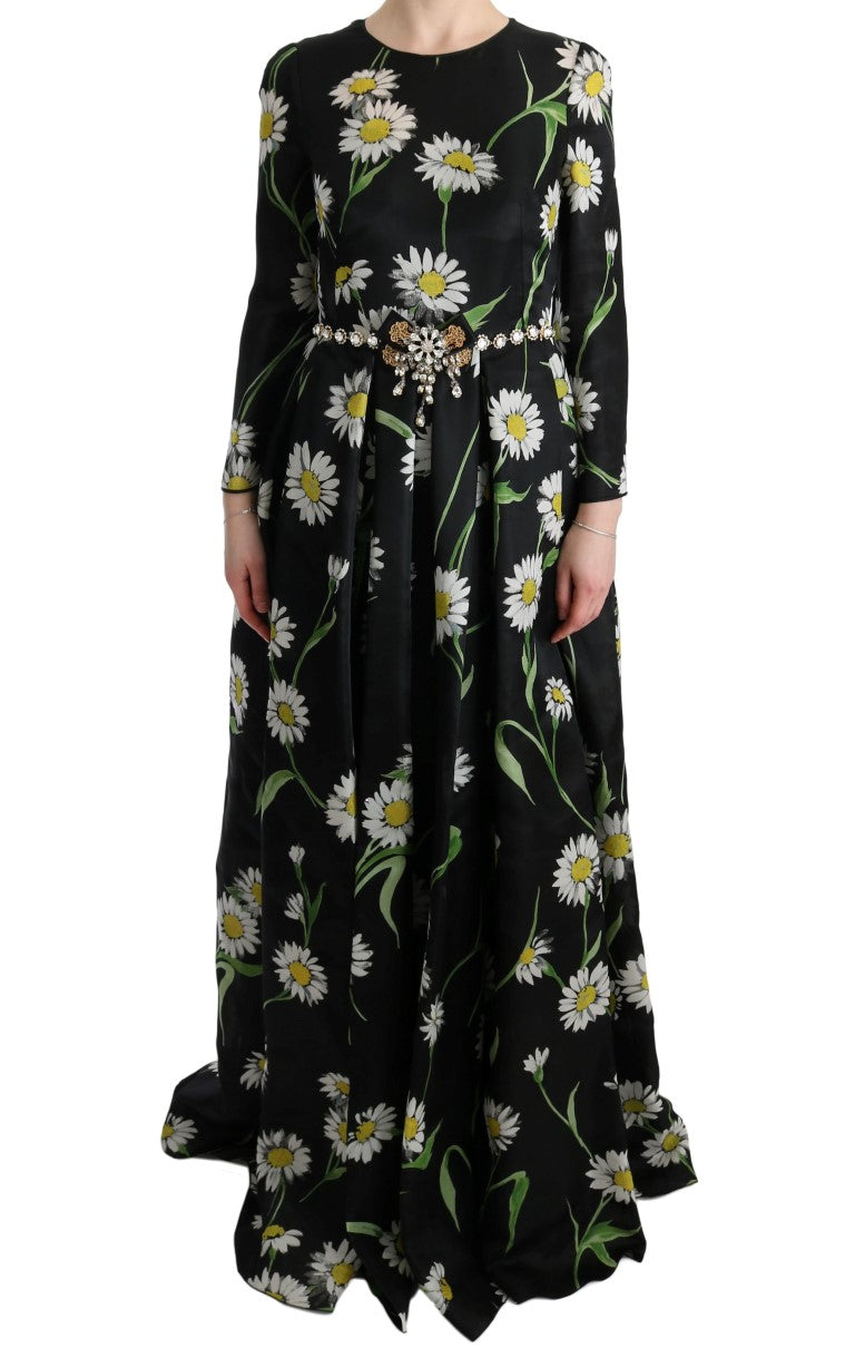 Elegante maxi-jurk met zonnebloemmotief en kristallen