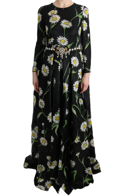 Elegante maxi-jurk met zonnebloemmotief en kristallen