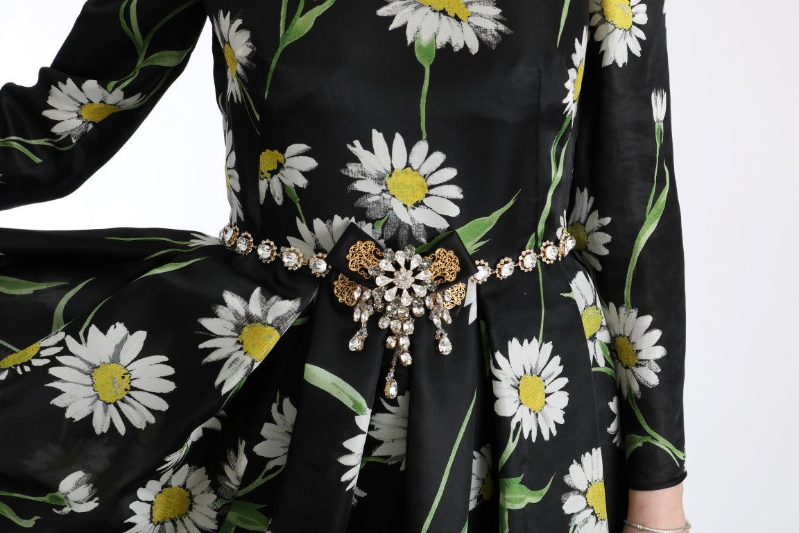 Elegante maxi-jurk met zonnebloemmotief en kristallen