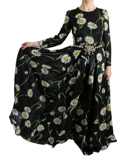 Elegante maxi-jurk met zonnebloemmotief en kristallen