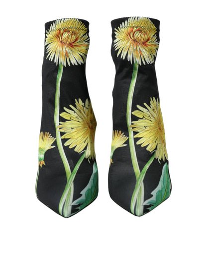 Zwarte bloemen jersey stretch enkellaarsjes schoenen